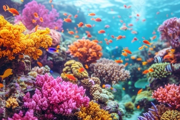 Fototapeta A vibrant underwater scene with colorful coral reefs, schools of fish, and a scuba diver exploring the marine life.