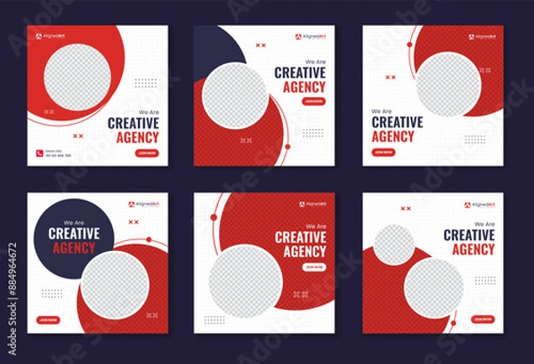 Fototapeta Creative round shape red corporate social media post bundle, circle element business template unique collection, set of digital marketing vector square advertisement