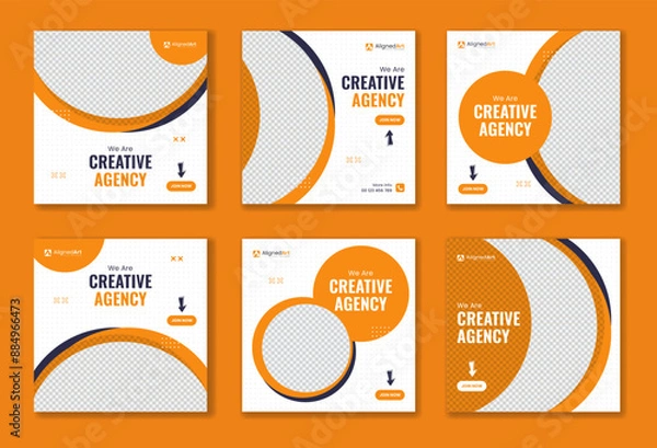Fototapeta Creative round shape orange corporate social media post bundle, circle element business template unique collection, set of digital marketing vector square advertisement