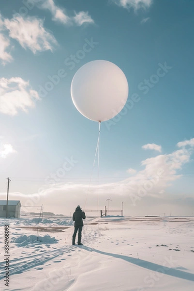 Fototapeta A meteorologist or technician is launching a weather balloon from a research site during winter under icy conditions.