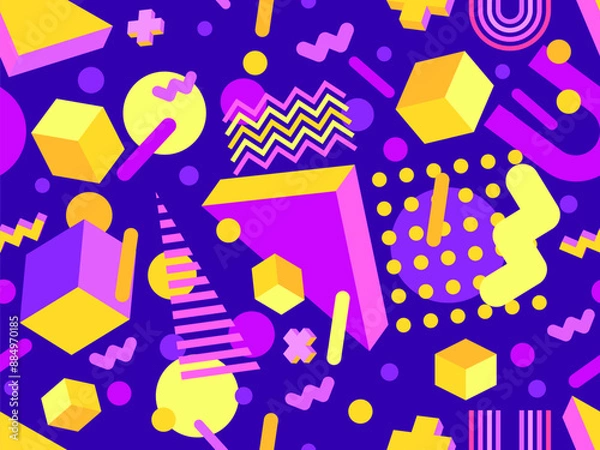 Fototapeta Geometric seamless pattern in 80s style. Colorful geometric pattern with isometric geometric 3D shapes. Design of promotional products, wrapping paper and printing. Vector illustration
