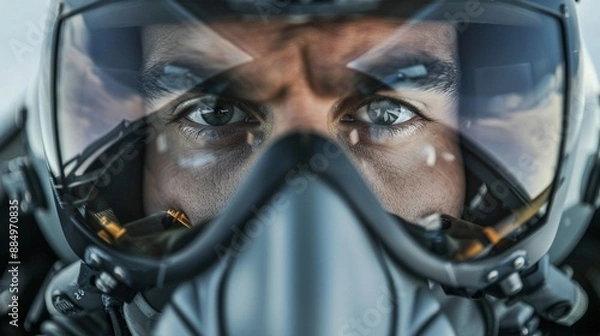 Fototapeta Close-up of air force pilot's face, oxygen mask, reflecting the controls of a fighter plane, intense eyes, high altitude background