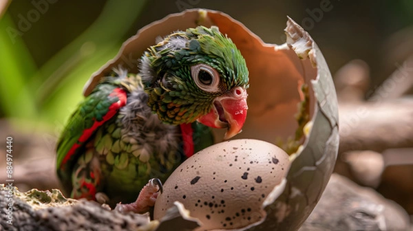 Fototapeta Intricate Moments of a Hatching Baby Parrot Emerging from Eggshell in Natural Habitat