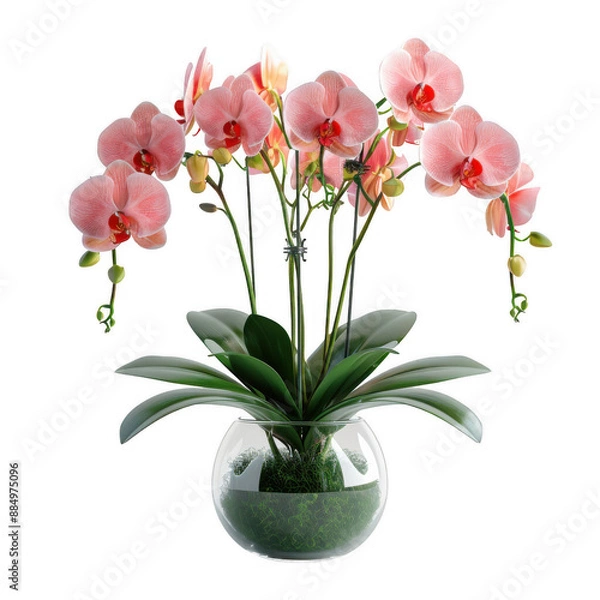 Obraz Elegant pink orchid in a clear glass vase with lush green leaves, perfect for home decor and indoor gardening inspiration.