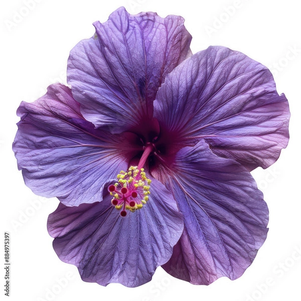 Obraz Close-up image of a vibrant purple hibiscus flower showcasing its intricate petals and delicate stamen against a white background.