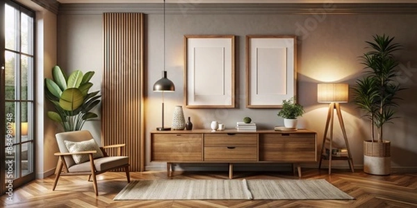 Fototapeta Stylish large vertical poster frame mock-up on a wooden bureau in a cozy living room with a gallery wall, warm lighting, and a minimalist interior design.