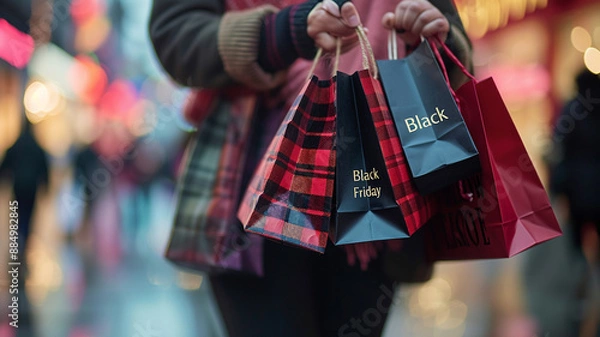 Fototapeta A close-up of hands holding multiple shopping bags with "Black Friday" tags, captured in high definition.