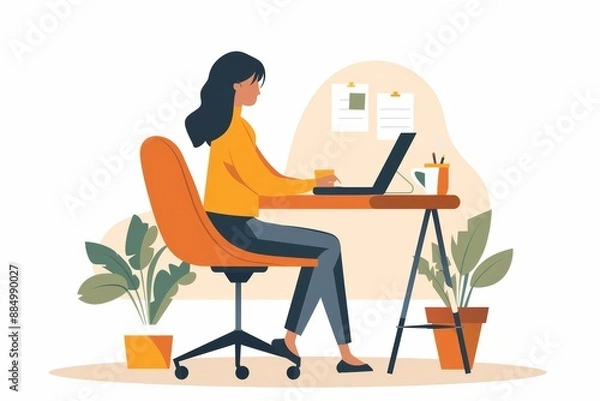 Fototapeta flat style illustration of a young woman working remotely on her laptop at desk on a with white background, pastel colors and minimalistic artstyle