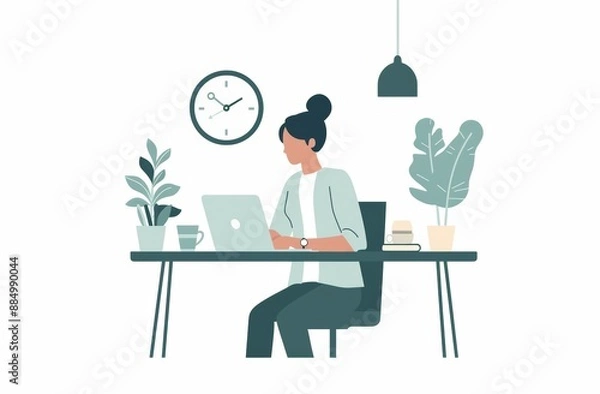 Fototapeta flat style illustration of a young woman working remotely on her laptop at desk on a with white background, pastel colors and minimalistic artstyle