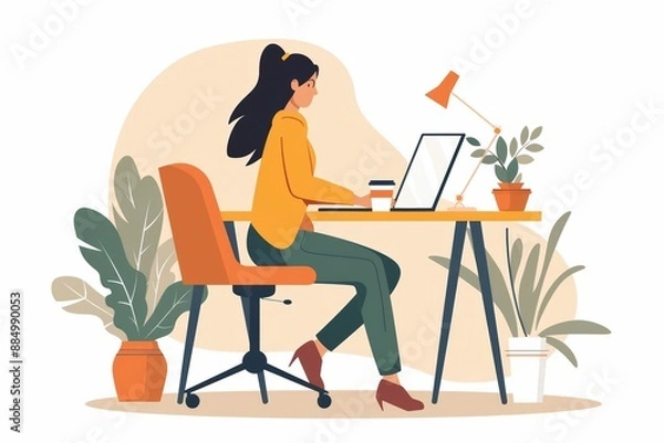 Fototapeta flat style illustration of a young woman working remotely on her laptop at desk on a with white background, pastel colors and minimalistic artstyle