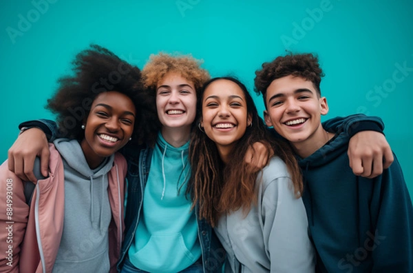 Obraz Group Of Diverse Teenagers Laughing And Embracing Each Other Against A Bright Blue Background