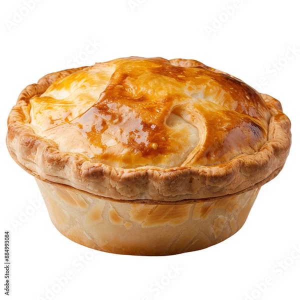 Fototapeta A pie with a golden crust sits on a white background