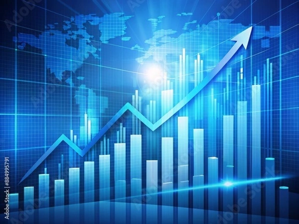 Fototapeta Vibrant blue background featuring a stylized digital chart with an ascending arrow, representing financial growth and success, symbolizing upward market trends and prosperity.