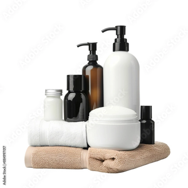 Fototapeta A collection of toiletries and lotions are displayed on a white towel