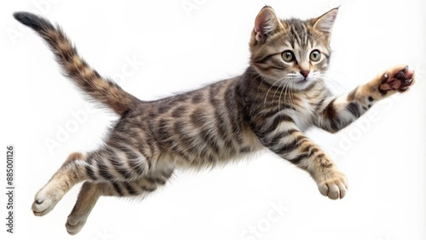 Fototapeta Whimsical illustration of a playful cat in mid-jump, isolated on a pure white background, with a clean transparent PNG format ideal for artwork and graphic design.