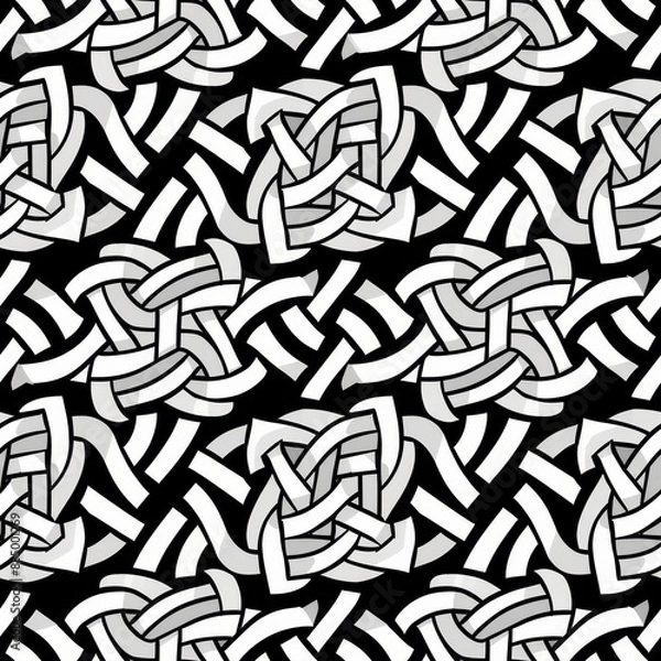 Fototapeta Seamless black and white geometric pattern design with interlocking shapes and intricate details perfect for backgrounds and textiles.