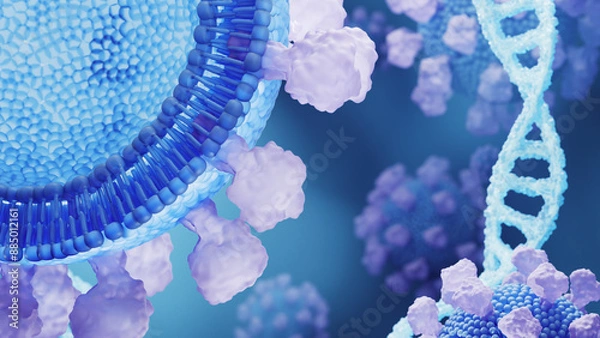 Obraz Close-up 3D rendering of a phospholipid structure in a blue and purple color scheme, showcasing molecular details and DNA strands.