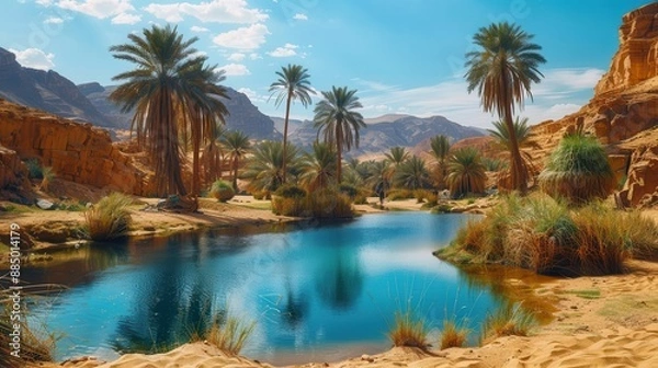 Fototapeta A hidden oasis in the desert, home to a tribe of nomadic warriors, in white background