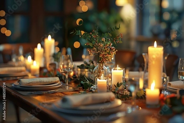 Fototapeta Festive table setting decorated with candles and greenery for holiday celebration