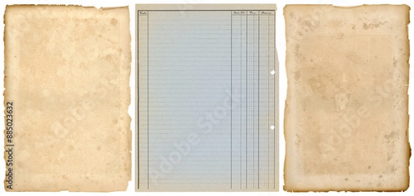 Fototapeta three vintage and antique paper textures, stained g with ripped / torn edges and old French ledger paper isolated on white a background, blank textured sheets as backgrounds or collage design elements
