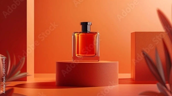 Fototapeta A 3D rendering of a perfume bottle on a bright orange podium. The clean lines and bold colors create a striking product image.