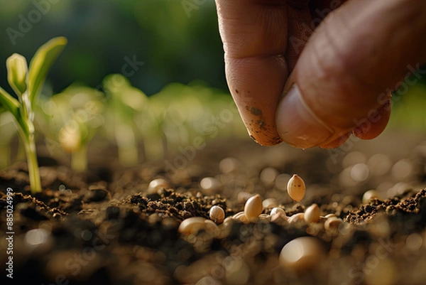 Fototapeta Hand growing seeds on sowing soil. Background with copy space. Agriculture, organic gardening, planting or ecology concept. Sustainable business investment. Gospel spreading