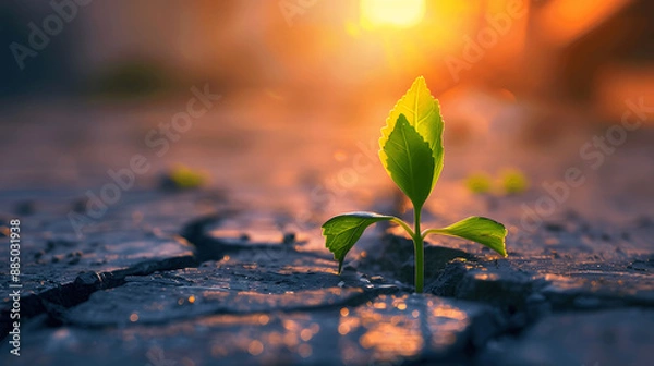 Fototapeta Tiny green sprout emerging from cracked pavement in war-torn area at sunrise