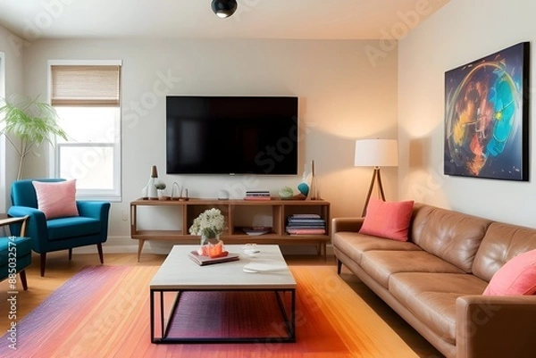 Fototapeta a stylish living room decorated with both vintage and modern decor and furniture,  eclectic, retro, contemporary, antique, chic, designer, fusion, cozy, retro, statement, trendy, elegant, unique