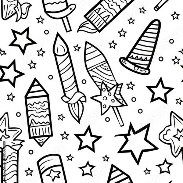 Fototapeta A 4th of July fireworks coloring page for kids, capturing patriotic celebration
