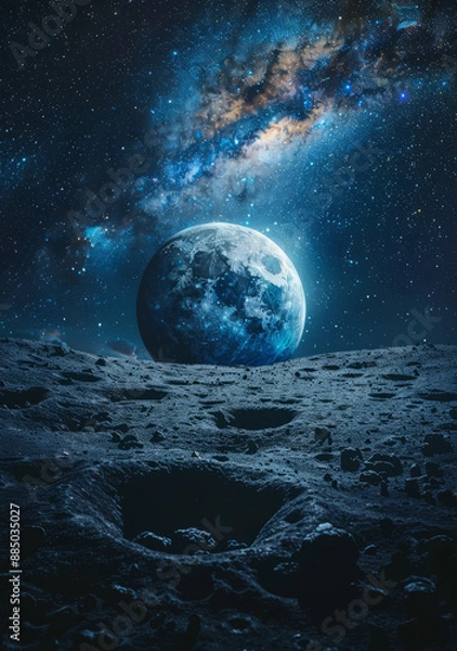 Fototapeta A panorama from the moon's perspective, featuring the Earth rising above the lunar landscape with stars in the background.