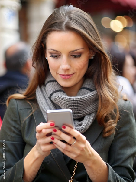 Fototapeta smiling young woman talking using smartphone