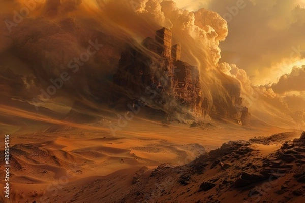 Fototapeta A fierce sandstorm sweeps across the desert, engulfing the landscape in swirling clouds of dust and sand, reducing visibility and creating an eerie atmosphere of natural power.