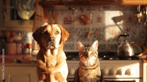 Obraz Cute dog and cat sitting together in cozy kitchen, creating a warm and friendly atmosphere. Bright sunlight illuminates them, showcasing their bond.