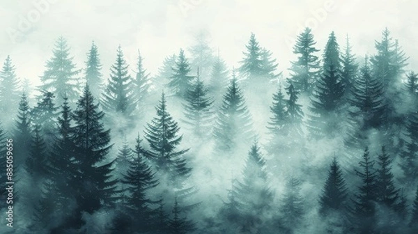 Fototapeta Winter watercolor forest scene depicting foggy wilderness in an artistic illustration