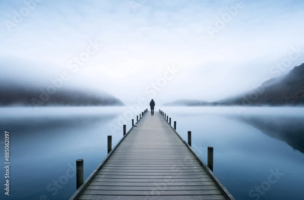 Fototapeta A Lone Figure Standing on a Foggy Pier, Surrounded by Calm Waters and Misty Mountains