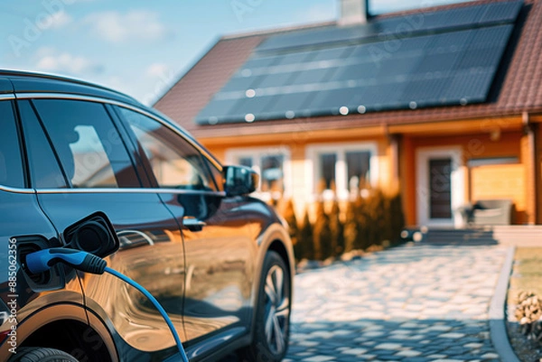 Obraz An electric car charging in front of a modern house equipped with solar panels on the roof, representing sustainable living and renewable energy.