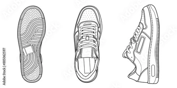 Obraz Set of hand drawn sneakers of retro vintage disign, gym shoes, top view. Image in different views - front, back, top, side, sole and 3d view. Doodle vector illustration.