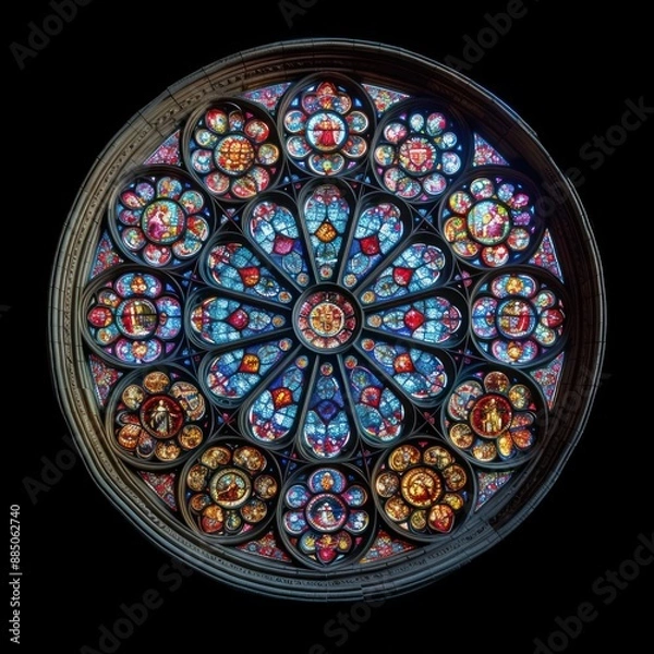 Fototapeta Circular stained glass window, front view, colorful rose window of cathedral, gothic style, isolated on black.