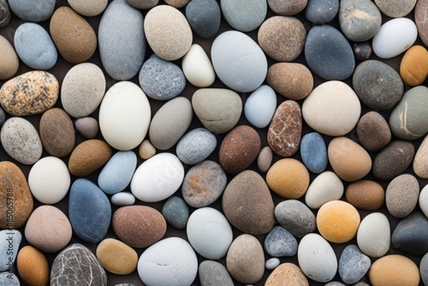 Fototapeta Processed collage of beach shore pebbles surface texture. Background for banner, backdrop