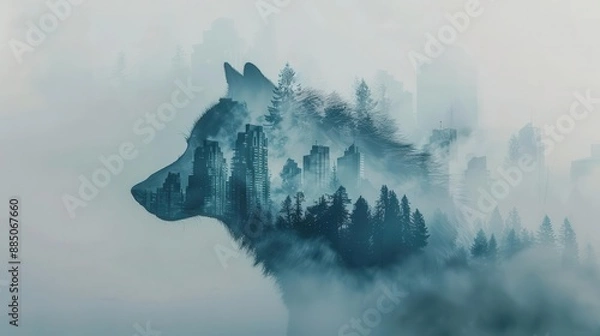 Fototapeta ethereal double exposure blending wolf silhouette misty mountains urban skyline and forest creating a surreal naturemeetscity tableau