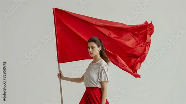 Obraz A woman holds a red flag in her hand against a white background.
