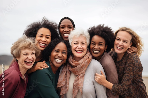 Obraz Diverse Group of Women of All Ages Smiling and Embracing Each Other in a Joyful Outdoor Setting