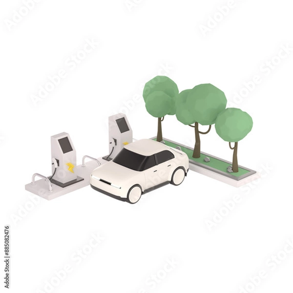 Fototapeta 3d lowpoly white car icon gas station object