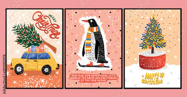 Obraz Vector retro posters in cartoon style hand-drawn on the theme of New Year and Christmas greeting cards with kind greetings