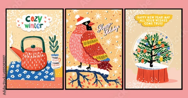 Obraz Vector retro posters in cartoon style hand-drawn on the theme of New Year and Christmas greeting cards with kind greetings
