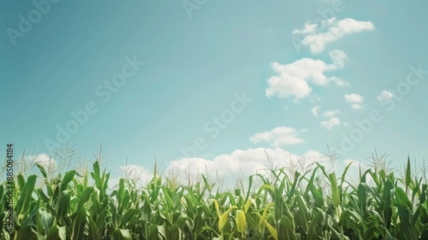 Fototapeta Field of maize corn under clear blue sky with ample space for design