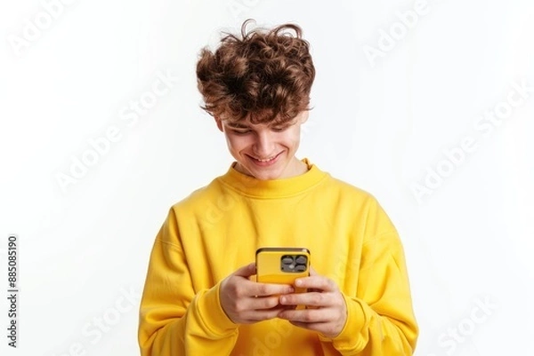 Fototapeta Smiling young man using smartphone