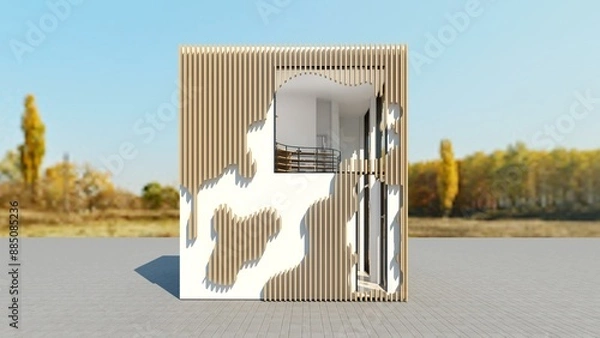 Obraz Store extrerior rendering with natural background- Store with parametric wood facade and abstract fenestrations