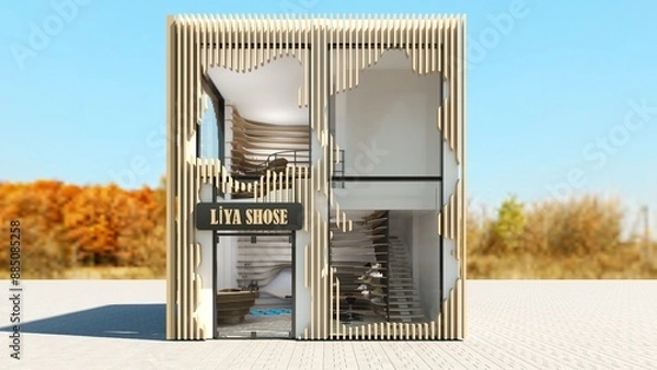 Obraz Store extrerior rendering with natural background- Store with parametric wood facade and abstract fenestrations