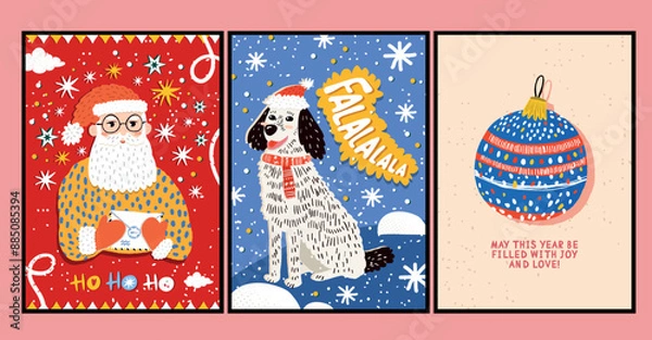 Obraz Vector retro posters in cartoon style hand-drawn on the theme of New Year and Christmas greeting cards with kind greetings